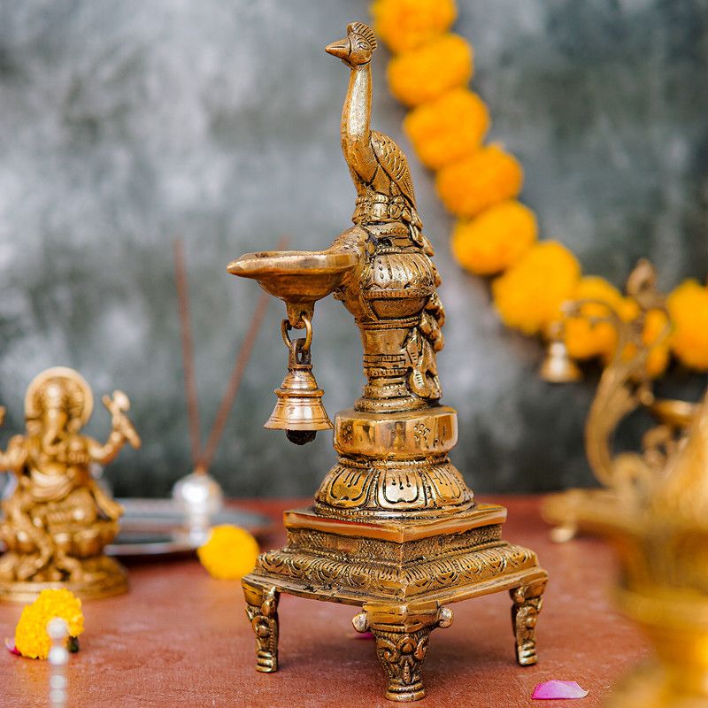 StatueStudio Brass Diya Peacock Diya with Bell Pooja Oil Lamp for Diwali Gift Home Décor Brass Table Diya  (Height: 10 inch)