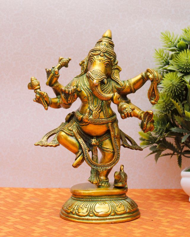 StatueStudio Ganesha Statue Dancing Ganesh Murti Ganpati Idol for Home Décor & New Year Gift Decorative Showpiece - 7.6 cm  (Brass, Green)