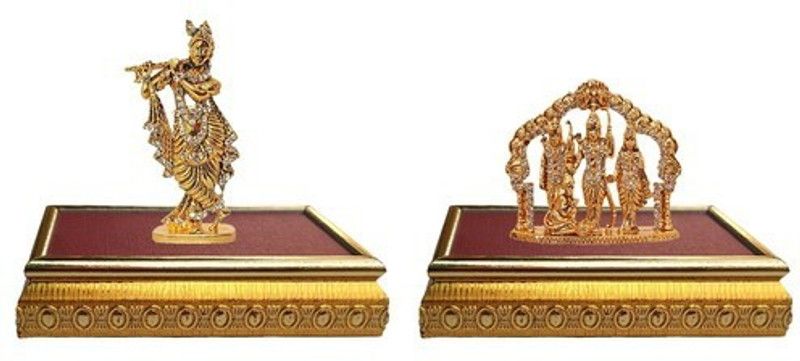 BEI Set of 2 with wooden base Lord Krishna Idol Krishan statue Showpiece& Ram Darbar / Lord Rama ,Sita, Laxman and Hanuman Idol God Statue Decorative Showpiece Decorative Showpiece - 10 cm  (Brass, Multicolor)