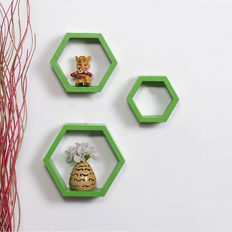 Maaz Handicrafts Hexa Green Shelf Set Of 3 MDF (Medium Density Fiber) Wall Shelf  (Number of Shelves - 3, Green)