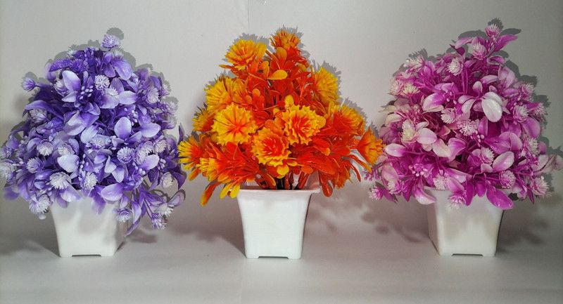MADRONE NATURALS Flower with Pot Orange, Purple, Pink Daisy Artificial Flower with Pot  (6 inch, Pack of 3, Flower Bunch)