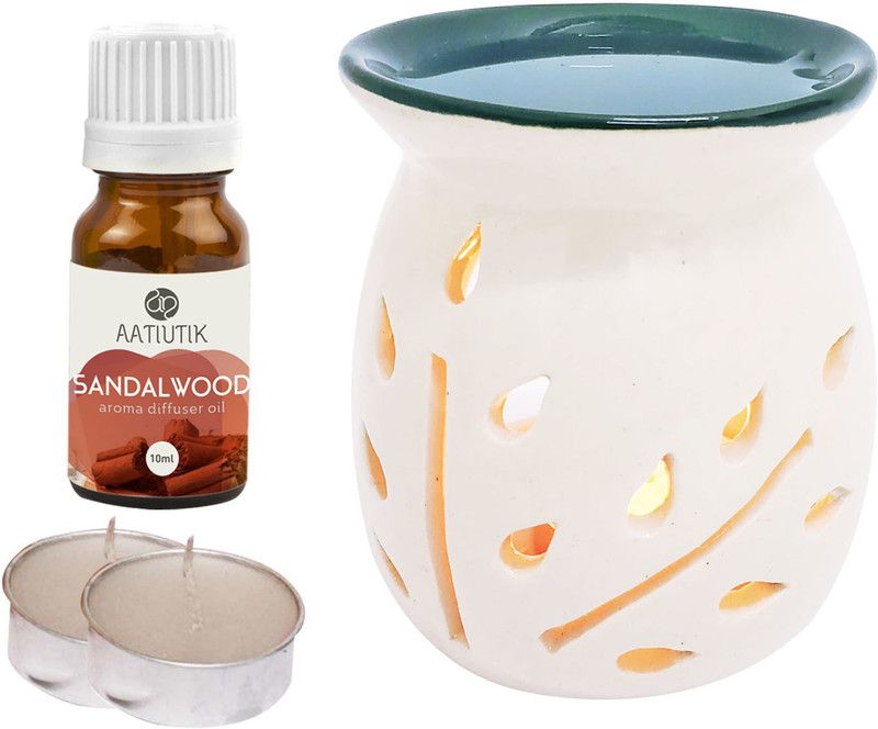 Aatiutik Sandalwood Aroma Oil with Ceramic Tlight Home Fragracne Air Freshener Aroma Diffuser Set  (4 x 2.5 ml)
