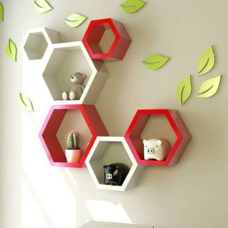 M S Handicraft Wooden Wall Shelf  (Number of Shelves - 6, White, Red)
