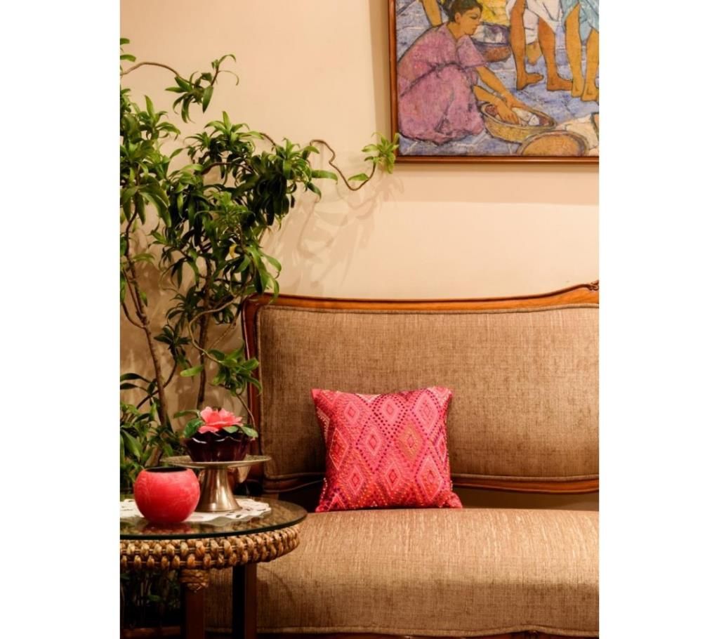 Cross and Knots / Pink Printed & Hand Embroidered Cushion Cover by Ivoryniche