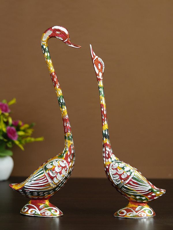eCraftIndia 14 Inch Colorful Kissing Swan Couple Handcrafted Decorative Figurine Decorative Showpiece - 38 cm  (Metal, Multicolor)