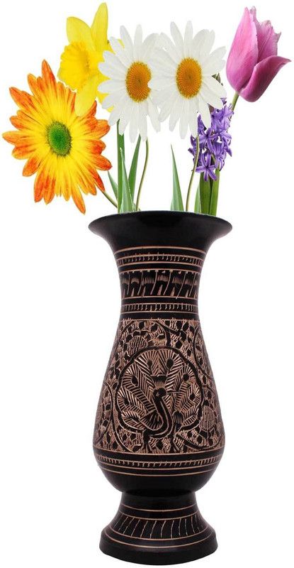 Halowishes Fine Golden Meenakari Work Flower Vase Brass Vase  (5.5 inch, Black)
