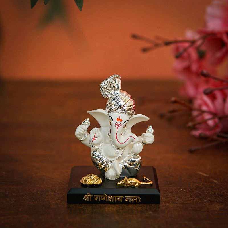 StatueStudio Ganesha Statue Car Dashboard Ganpati Idol for Home Decor, Diwali & New Year Gift Decorative Showpiece - 7.62 cm  (Polyresin, White, Silver)