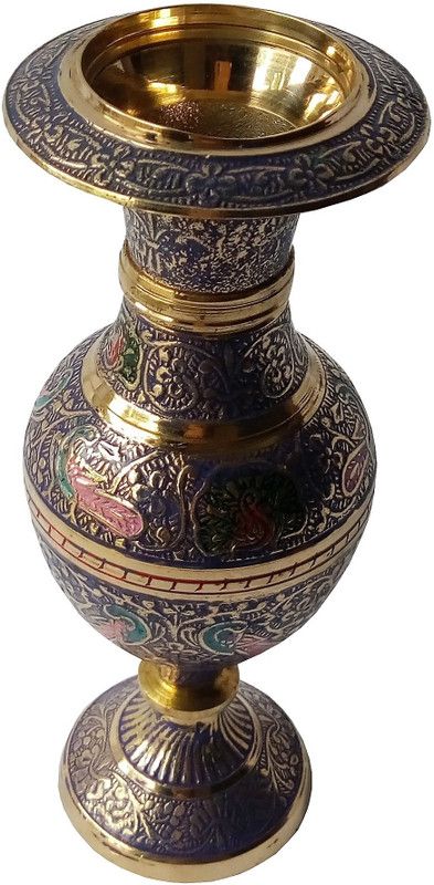 MOZO HUB Hand Crafted Navy Blue Color Kashmiri Glass Pattern Flower Brass Vase  (10.62 inch, Blue)