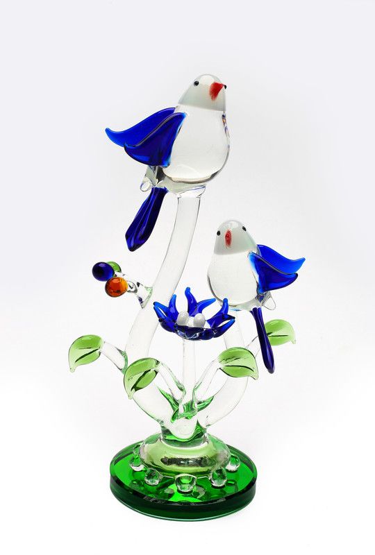SVKD Handmade Design Glass Pair of Bird with Leaf and Eggs Decorative Showpiece - 18 cm (Glass, Multicolor) Decorative Showpiece - 18 cm  (Glass, Multicolor)