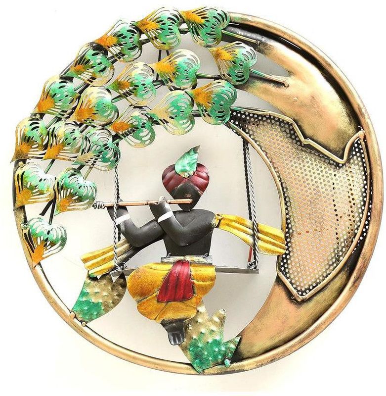 Craft Edge Iron Handmade Jhula with Lord Krishna with Led Lights Wall Hanging Showpiece Item for Home Decor  (17 inch X 17 inch, Brown, Green)