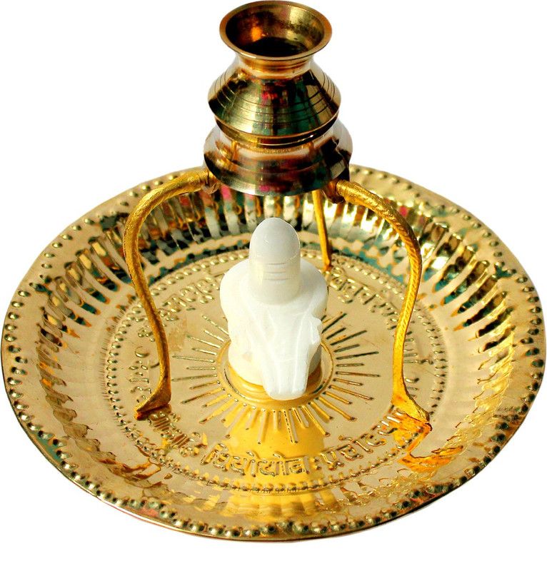 Bansiwal White Shivling Shiva Ling/Shivling with Brass Plate, Kalash with Stand (Gold) Decorative Showpiece - 12 cm  (Brass, Marble, White, Gold)