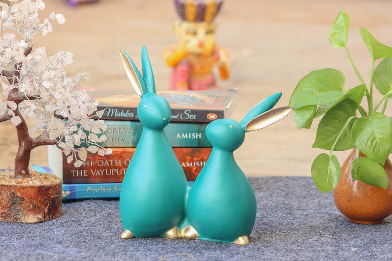 Articia Rabbit Pair Standing Bunny Statues for Home Feng Shui Item Good Luck (8 Inch) Decorative Showpiece - 20 cm  (Polyresin, Green)