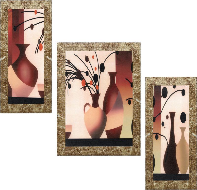 Indianara Set of 3 Flowers in Vases Framed Art Painting (1180MBR) without glass Digital Reprint 13 inch x 10.2 inch Painting  (With Frame, Pack of 3)