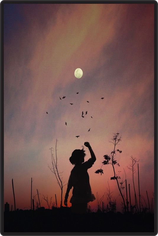 Girl and The Moon Poster Without Frame 12 X 18 inch Fine Art Print  (18 inch X 12 inch, Rolled)
