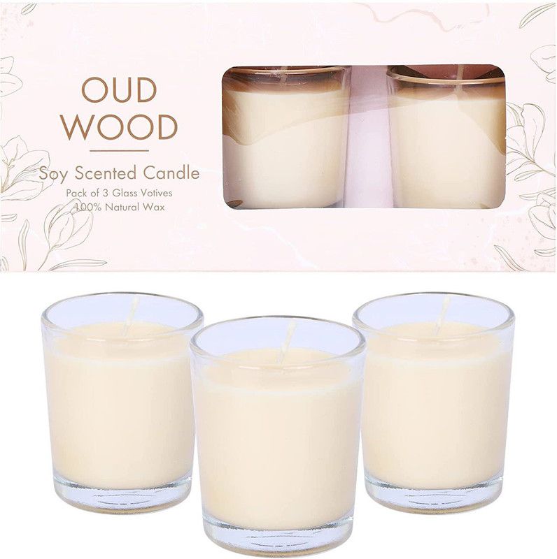 Parkash Candles Scented Votive Glass Candles Set of 3 , 100% Natural Soy Wax (Oud Wood) Candle  (Beige, Pack of 3)