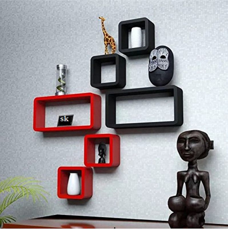 sk handicraft MDF Cube Shape Floating Wall Shelves/ Home decor/ Decor rack shelf Set of 6 (Black & Red) MDF (Medium Density Fiber) Wall Shelf  (Number of Shelves - 6, Red, Black)