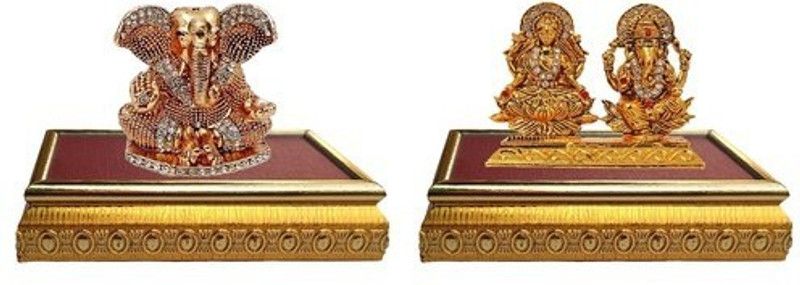 9facts Set of 2 with wooden base God Ganesh Idol Statue & Goddess lakshmi / Laxmi & Lord Ganesha Idol God Statue Gift Item Decorative Showpiece Decorative Showpiece - 9 cm  (Brass, Multicolor)