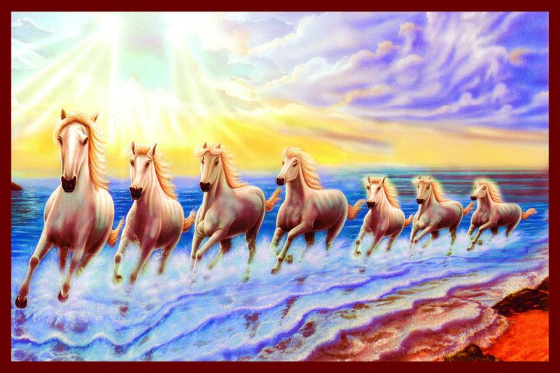 'vastu Poster'' White 7 Horse vastu Painting, beautiful Seven Horse Running At Sunrise, Wall poster, Wall Painting, Washable canvas Poster, Natural print painting, Home Decor, Office Décor Canvas Art  (36 inch X 24 inch)