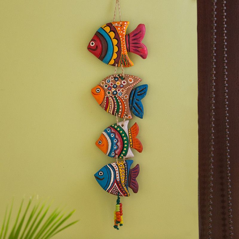 ExclusiveLane "Fish Family" Handmade & Hand-Painted Garden Decorative Wall Hanging In Terracotta Decorative Showpiece - 34.5 cm  (Terracotta, Multicolor)