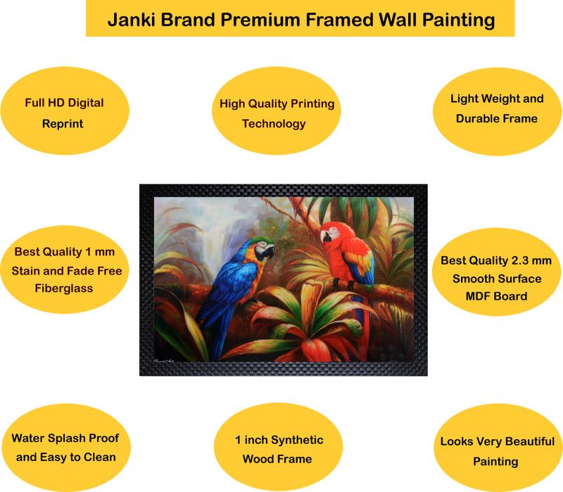 Janki Colorful Love Bird Sitting on Tree Wall Painting for Living Room Digital Reprint 14 inch x 20 inch Painting  (With Frame)