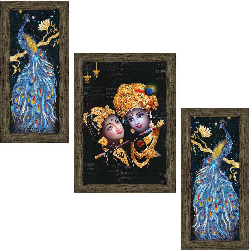 Indianara Set of 3 Radha Krishna With Peacock Art Painting (3818EBY) without glass (6 X 13, 10.2 X 13, 6 X 13 INCH) Digital Reprint 13 inch x 10.2 inch Painting  (With Frame, Pack of 3)