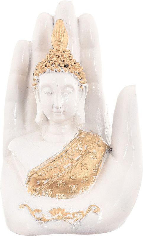 becooper Handcrafted Religious Idols of Cute Palm Buddha For Home Decor|Meditating Buddha Decorative Showpiece - 19 cm  (Polyresin, White, Gold)