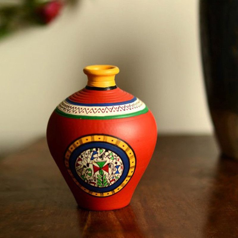 ExclusiveLane Warli Hand-Painted		Matki-Shaped	(6 Inch, Red) Terracotta Vase  (6 inch, Red)