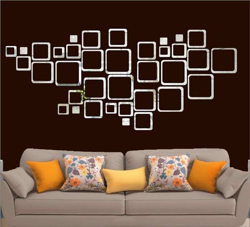 RadhaKripa 151 cm 36 silver square 3D Acrylic Stickers Mirror Stickers Wall Stickers Self Adhesive Sticker  (Pack of 1)
