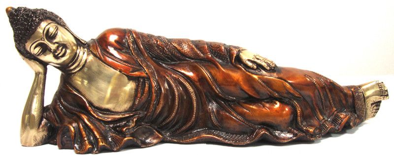 Aesthetic Decors Buddha Lying With Shawl in Nepali Orange Decorative Showpiece - 11 cm  (Brass, Multicolor)