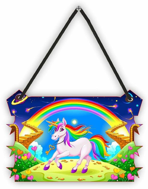 CVANU Running Unicorn Animal Wooden Printed Wall Hanging Board Decorative For Your Home  (20.32 cm X 30.48 cm, GreenYellow)