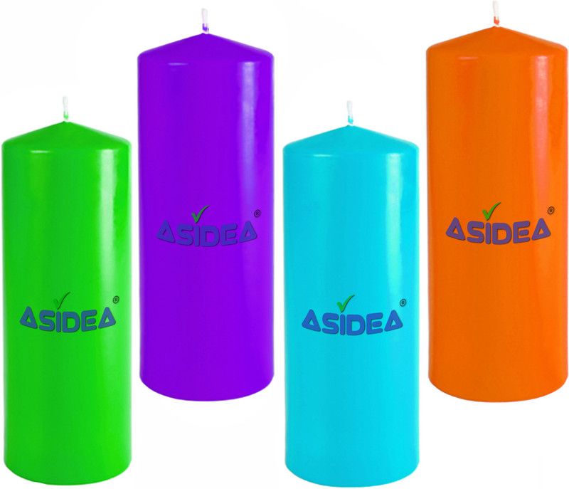 ASIDEA Set of 4 Pillar Candle for Home Decor, BIrthday decoration Candle  (Green, Purple, Multicolor, Orange, Pack of 4)