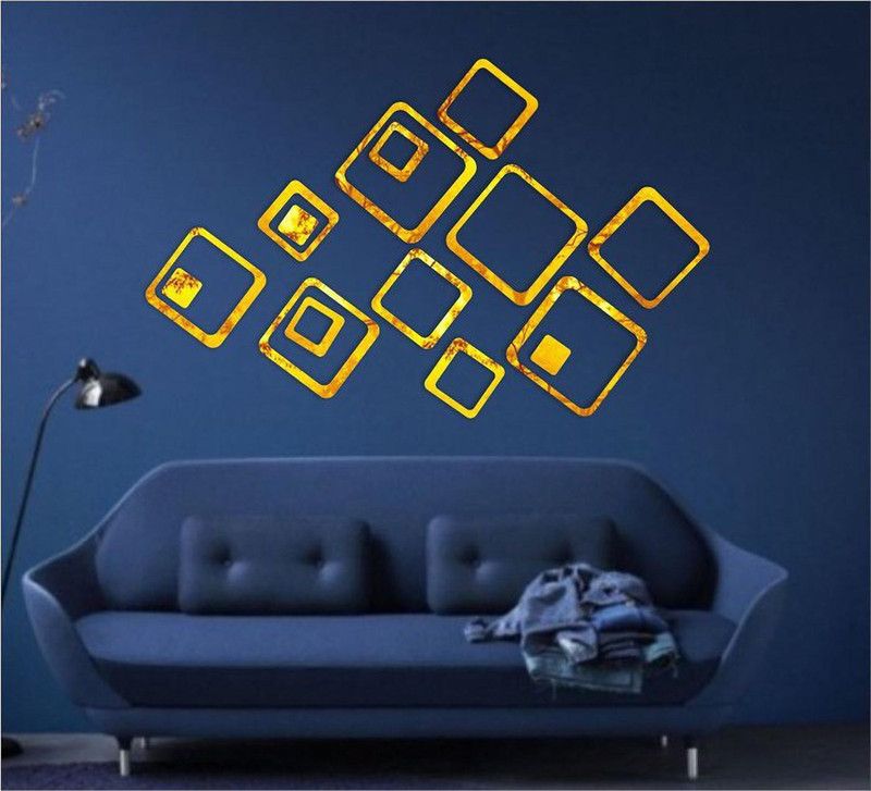 RadhaKripa 151 cm 15 golden square 3D Acrylic Stickers Mirror Stickers Wall Stickers Self Adhesive Sticker  (Pack of 1)