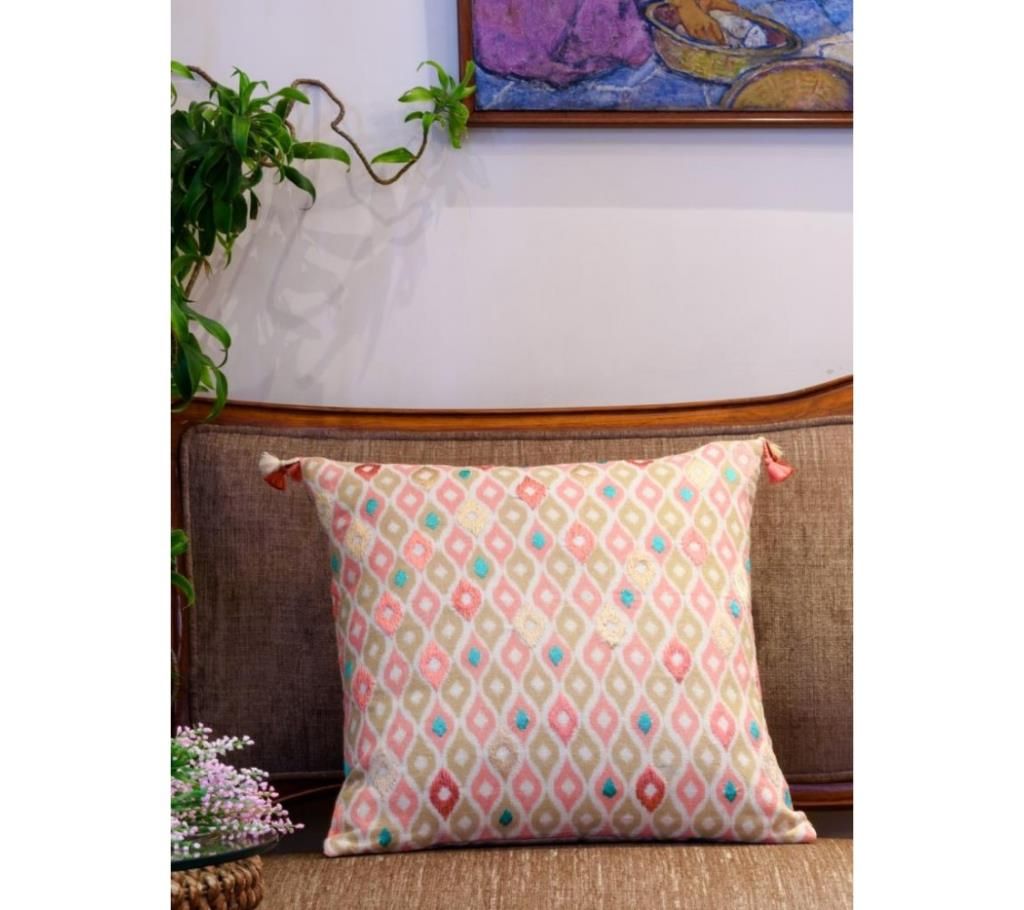 Ikat/ Blush Printed & Hand Embroidered Cushion Cover by Ivoryniche