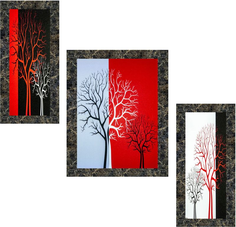 Indianara Set of 3 Modern Art Framed Art Painting (949MGY) without glass (6 X 13, 10.2 X 13, 6 X 13 INCH) Digital Reprint 13 inch x 10.2 inch Painting  (With Frame, Pack of 3)