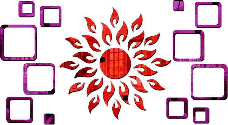 Bikri Kendra 100 cm sun red with 2 set square purple - 3D acrylic mirror wall stickers Self Adhesive Sticker  (Pack of 37)