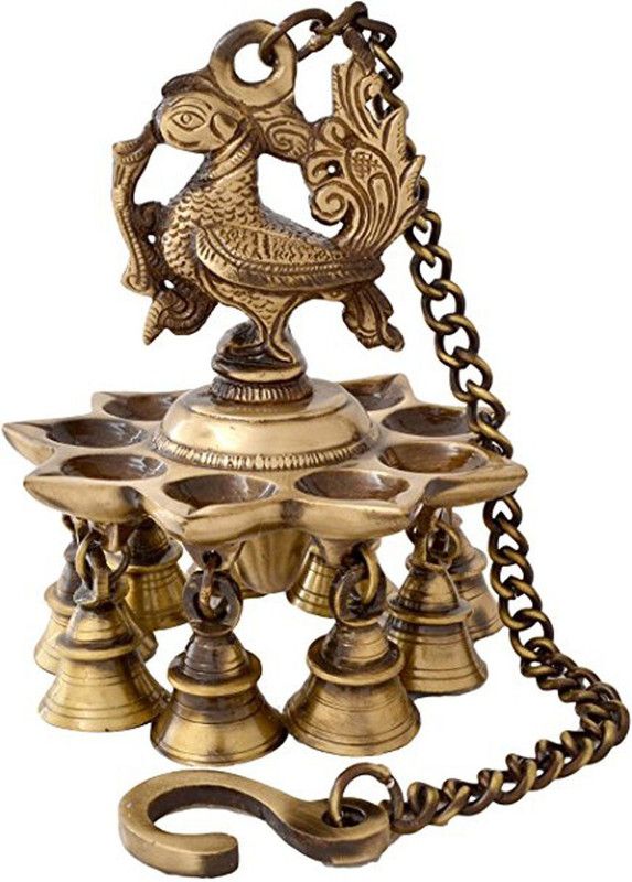 SUSAJJIT DECOR Handicraft Brass Diya Peacock Hanging Lamp or Diya with 9 Wicks and Bells Decorative Hanging Diya Brass Hanging Diya  (Height: 60 inch)