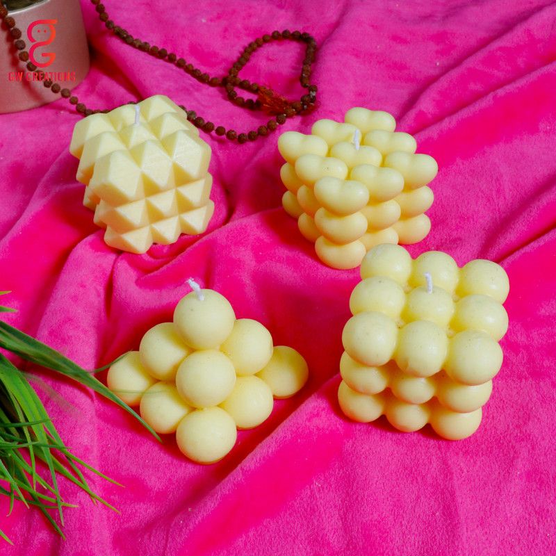 GW Creations Handmade SandalwoodBubble & 3D Cube Scented candle Candle  (Yellow, Pack of 4)