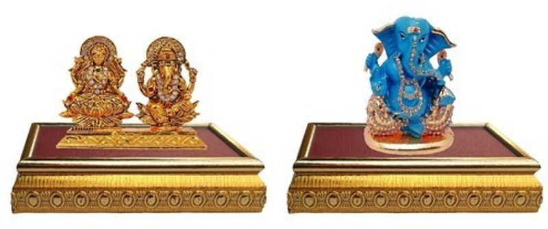 9facts Set of 2 with wooden base Goddess Laxmi & Lord Ganesha Idol God Statue & God Ganesh / Ganpati / Lord Ganesha Idol - Statue Gift item Decorative Showpiece Decorative Showpiece - 9 cm  (Brass, Multicolor)