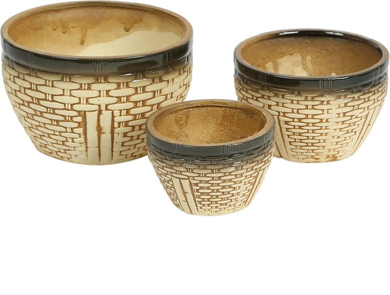 AAPNO RAJASTHAN Beige Ceramic Pot - Set of 3 Ceramic Vase  (4 inch, Beige)