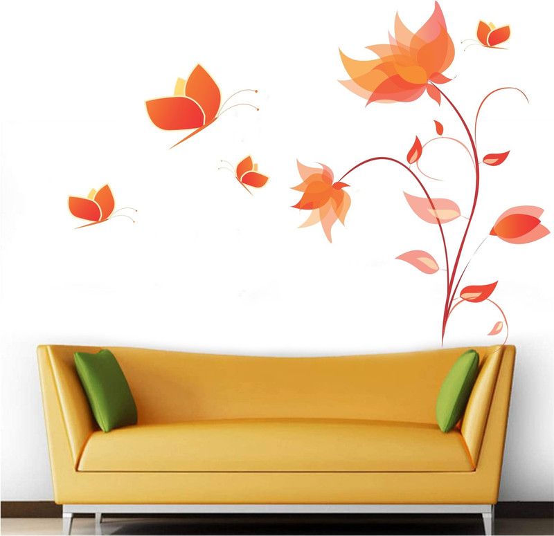 WALLPIK Orange – Flower – Butterfly - Colorful - Decorative - Wall Sticker - WP062  (80 cm X 110 cm, Multicolor)