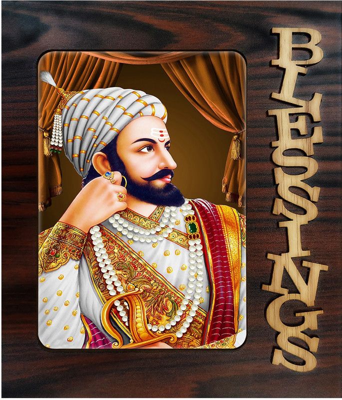 Poster N Frames Decorative Blessings Hand Crafted Wooden table with photo of Chattrapati Shivaji Maharaj 506 7 Digital Reprint 7.75 inch x 9 inch Painting  (With Frame)