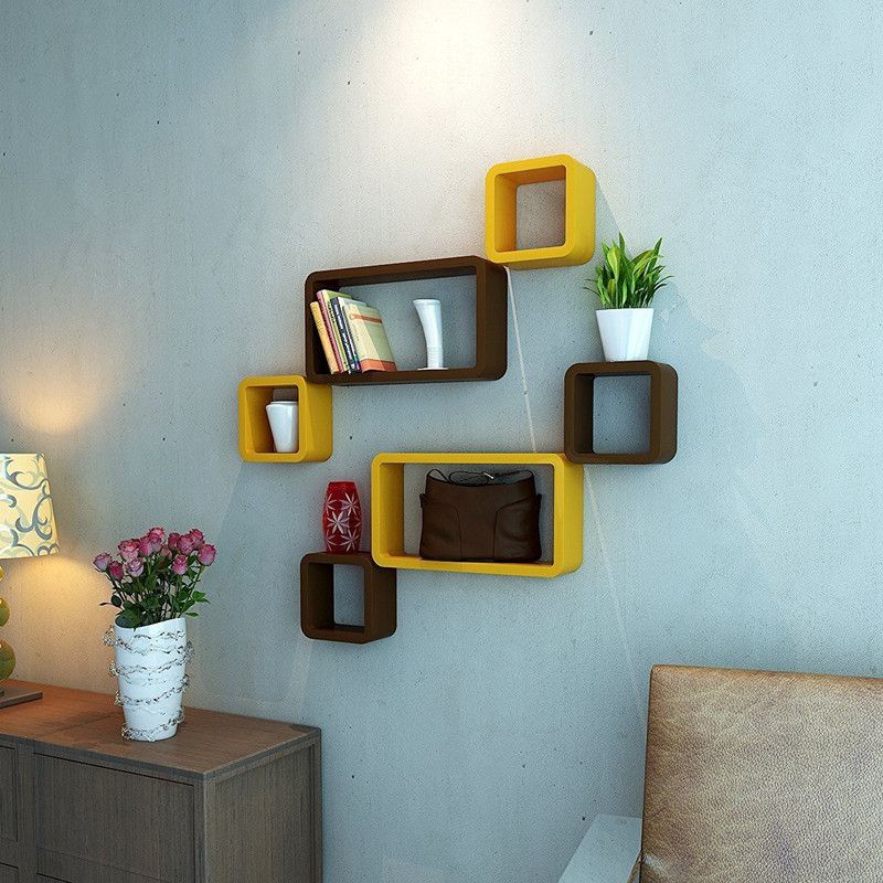 UNIQUE CRAFT HOUSE MDF Wall Mount Cube Floating Wall Shelf For Home and Living Decor - Brown & Yellow MDF (Medium Density Fiber), Wooden Wall Shelf  (Number of Shelves - 6, Yellow, Brown)