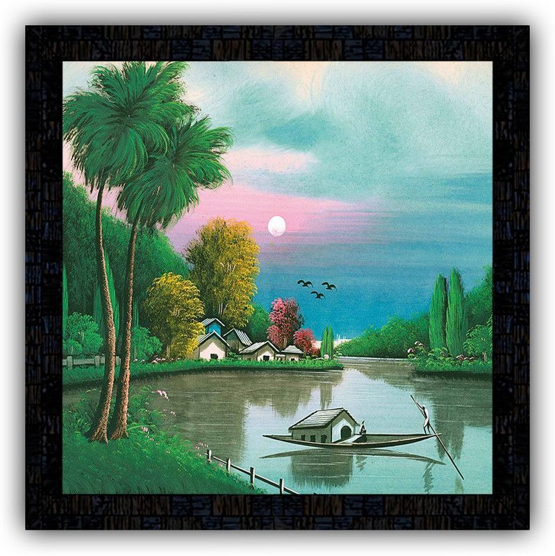 Poster N Frames framed poster of Hand Painted landscape scenery-1724 Digital Reprint 14 inch x 14 inch Painting  (With Frame)