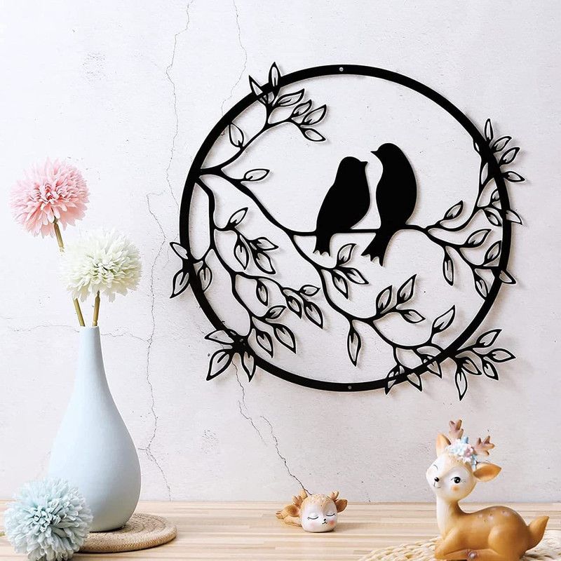 Wallcentre Metal Stylish Iron Bird on Tree Branch Wall Art Hanging Showpiece Décor  (Black)