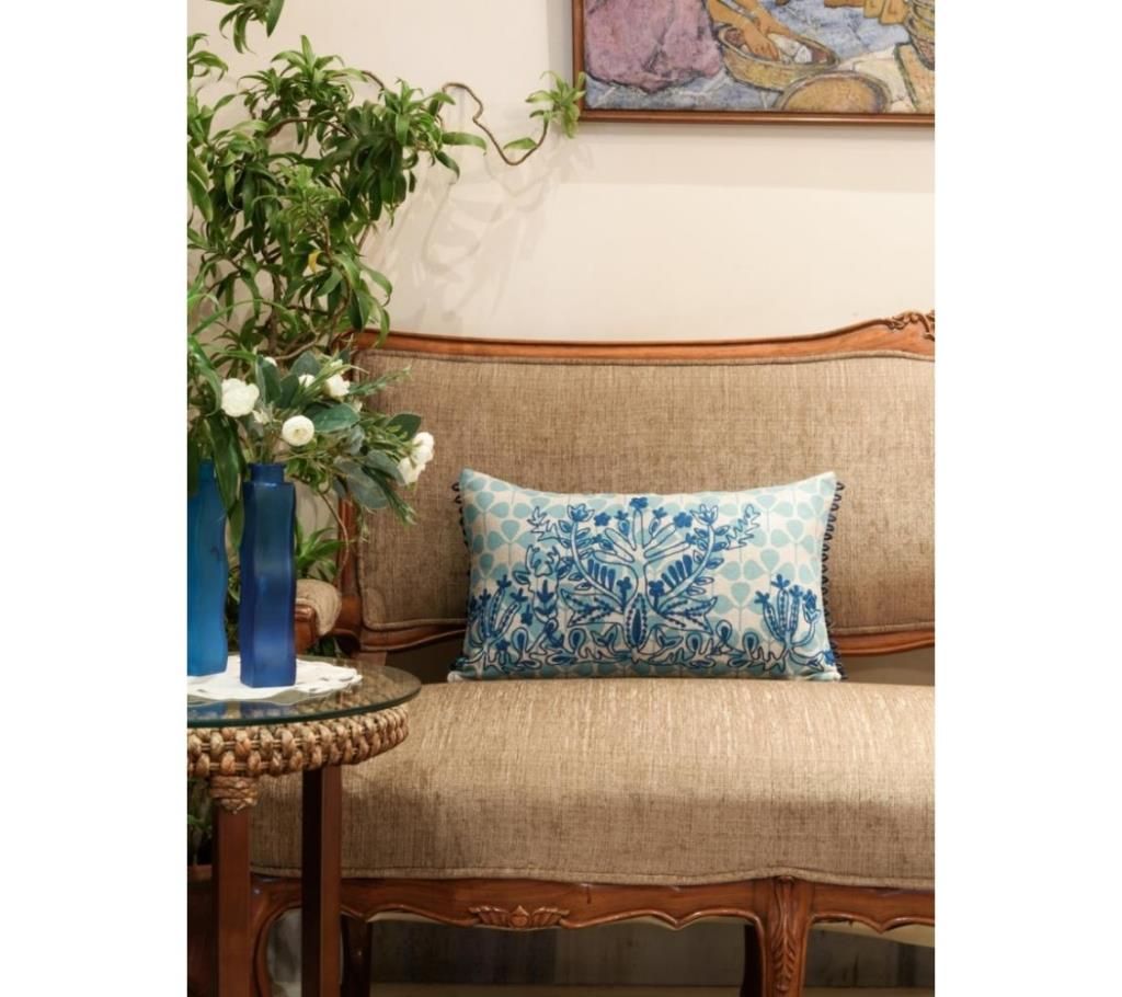 Tribal Life/Turq Printed & Hand Embroidered Cushion Cover by Ivoryniche