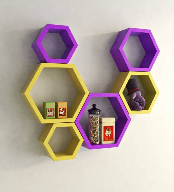 OnlineCraft wooden shelf Wooden Wall Shelf  (Number of Shelves - 6, Yellow, Purple, Multicolor)