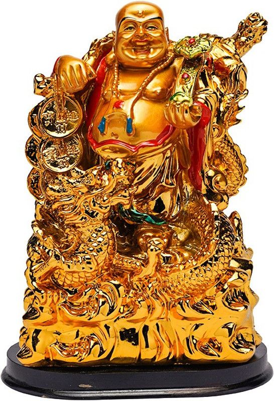 Glee and Glint Golden Feng shui Laughing Buddha Showpiece Idol Happy Man with Money Coins Decorative Showpiece - 8 cm  (Polyresin, Gold)
