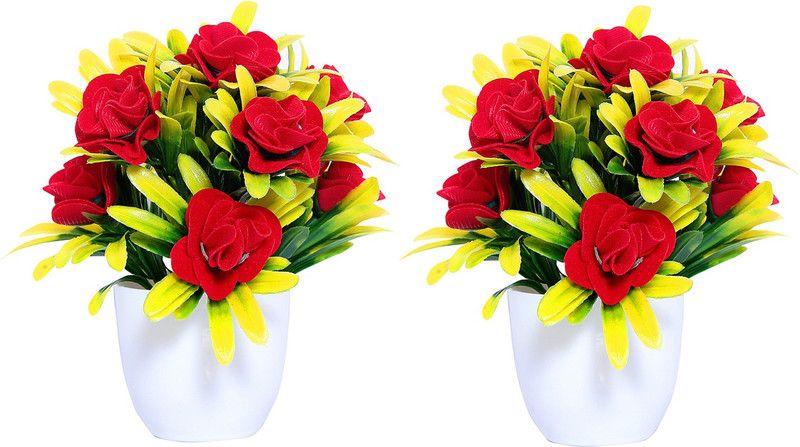 S-Biv Red Rose Artificial Flower with Pot  (7 inch, Pack of 2, Flower with Basket)