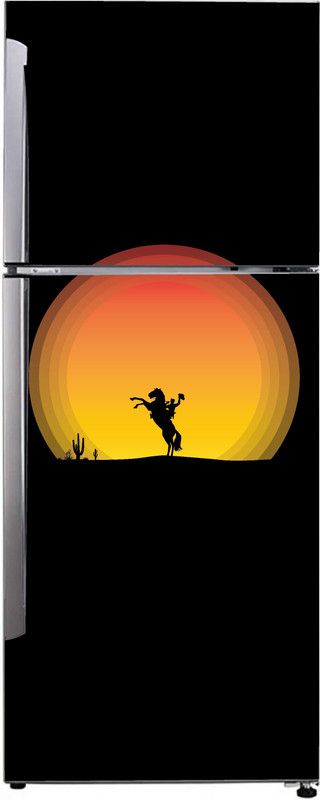 Advait Designs 60 cm Advait Designs Decorative abstract multicolor horse rider men trees sunset sun with black background wallpaper sticker for fridge décor Self Adhesive Sticker  (Pack of 1)