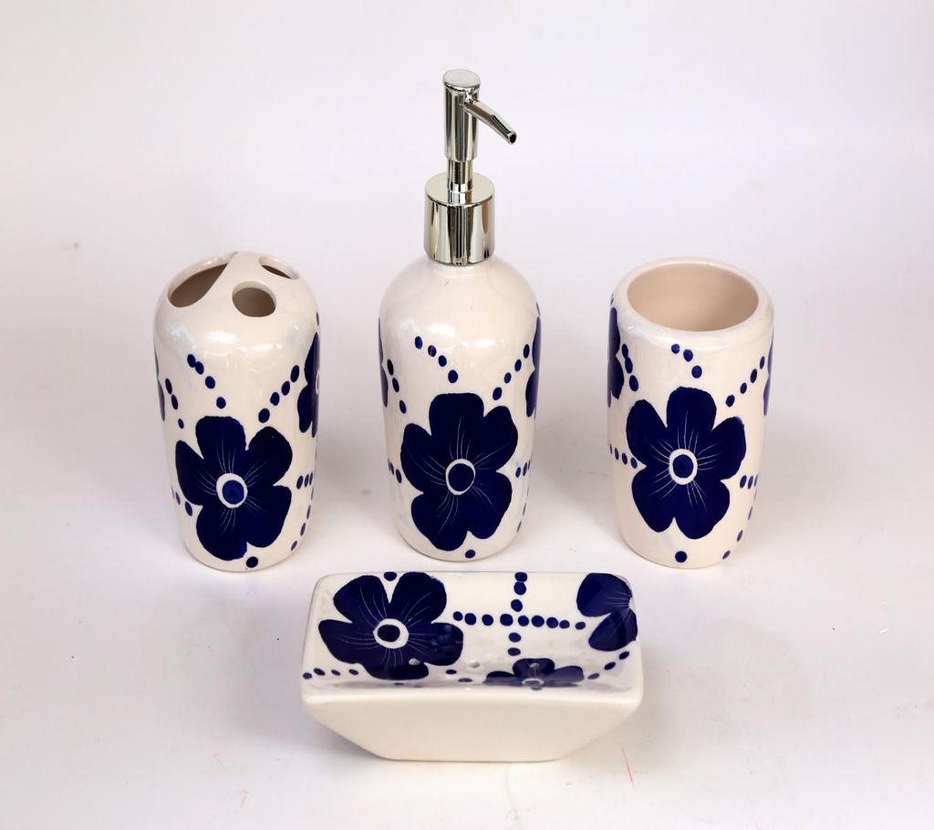 Bathroom Accessory 4 Piece Ceramic Bath Set includes Liquid Soap/ Lotion Dispenser, Toothbrush Holder, Mug, and Soap Dish